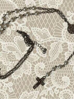 Delicate Gray Pearl Rosary Cross Necklace - Women Jewelry